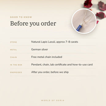 Lapis Lazuli Pencil Pendant – good to know before you order: what is in the box, energised after order