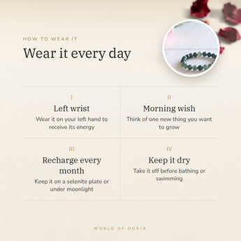 How to wear your Moss Agate Bracelet – left wrist, morning wish, recharge on selenite or moonlight