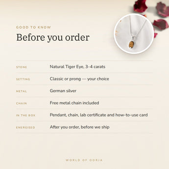 Tiger Eye Pendant – good to know before you order: what is in the box, energised after order