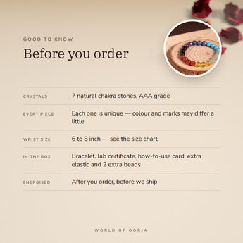 7 Chakra Bracelet – before you order: size, what is in the box, energised after order