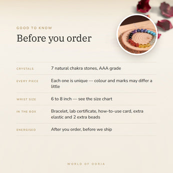 7 Chakra Bracelet – before you order: size, what is in the box, energised after order