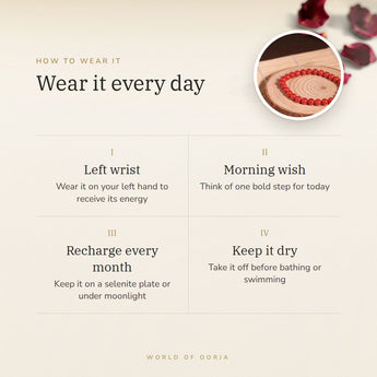 How to wear your Red Coral Bracelet – left wrist, morning wish, recharge on selenite or moonlight