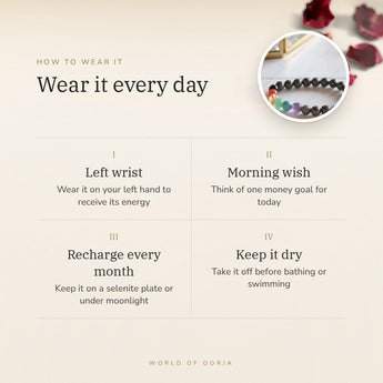 How to wear your 7 Chakra with Pyrite Bracelet – left wrist, morning wish, recharge on selenite or moonlight