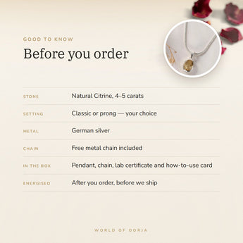 Citrine Pendant – good to know before you order: what is in the box, energised after order
