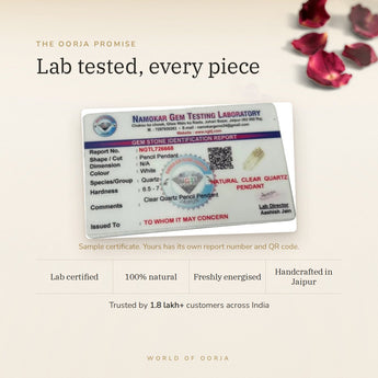 Clear Quartz Pencil Pendant lab certificate with QR code – The Oorja promise