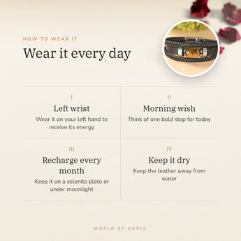 How to wear your Tiger Eye Leather Bracelet – left wrist, morning wish, recharge on selenite or moonlight