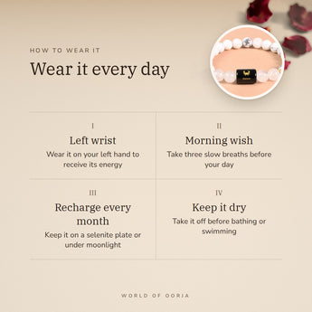 How to wear your Cancer Zodiac Bracelet – left wrist, morning wish, recharge on selenite or moonlight