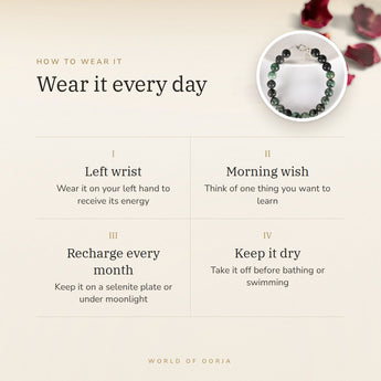How to wear your Emerald Silver Bracelet (Panna) – left wrist, morning wish, recharge on selenite or moonlight