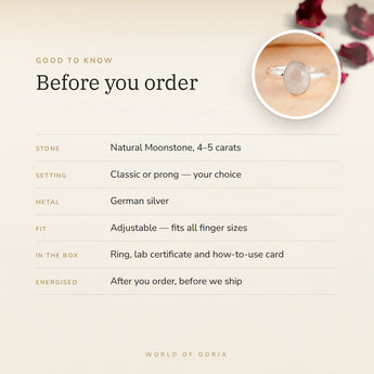 Moonstone Ring – good to know before you order: what is in the box, energised after order