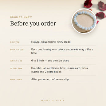 Aquamarine Bracelet – before you order: size, what is in the box, energised after order
