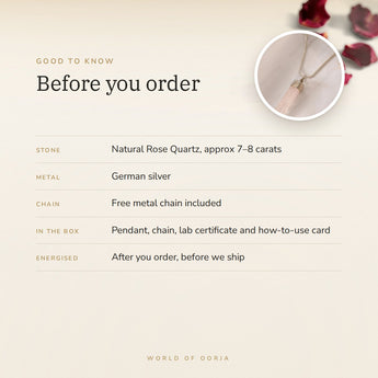 Rose Quartz Pencil Pendant – good to know before you order: what is in the box, energised after order