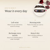 How to wear your Aquarius Metal Zodiac Bracelet – left wrist, morning wish, recharge on selenite or moonlight