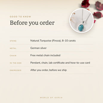 Turquoise (Firoza) Pendant – good to know before you order: what is in the box, energised after order
