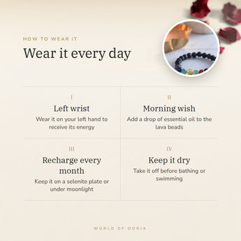 How to wear your 7 Chakra Lava bracelet – left wrist, morning wish, recharge on selenite or moonlight