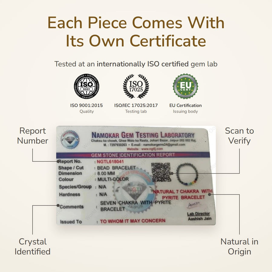 7 Chakra with Pyrite Bracelet – Alignment & Abundance Blend lab certificate – World of Oorja