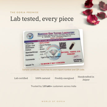 Tiger Eye Pencil Pendant lab certificate with QR code – The Oorja promise