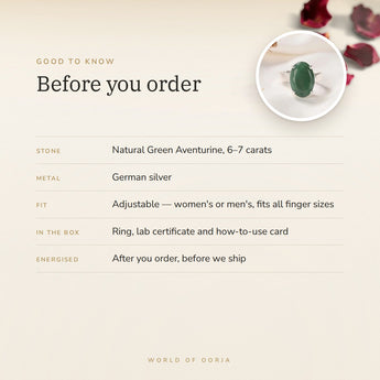 Green Aventurine Ring – good to know before you order: what is in the box, energised after order