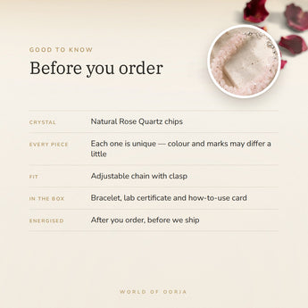 Rose Quartz Chips Bracelet – before you order: size, what is in the box, energised after order