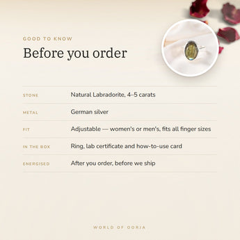 Labradorite Ring – good to know before you order: what is in the box, energised after order