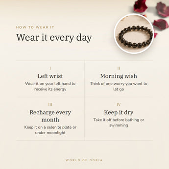 How to wear your Smoky Quartz Bracelet – left wrist, morning wish, recharge on selenite or moonlight