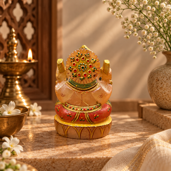 Hand-painted Yellow Quartz Ganesha idol with 22K gold foil detailing, 632g