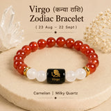 Virgo Zodiac bracelet made of red carnelian beads, white milky quartz beads, and a central black cube charm with a gold Virgo zodiac symbol. The bracelet is displayed on a beige textured surface with decorative crystals and dried flowers in the background, with text overlays describing the product.