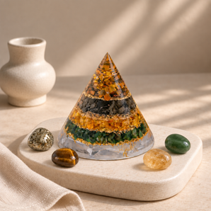 Dhan Yog Energy Pyramid with Selenite Base – Wealth & Cleansing