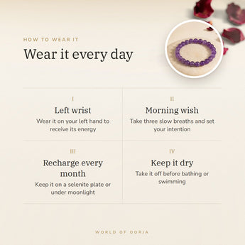 How to wear your Amethyst bracelet – left wrist, morning wish, recharge on selenite or moonlight