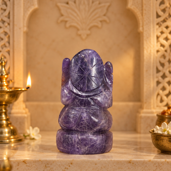 Rear view of the Amethyst Ganesh Ji murti showing the carved crown detail