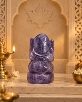 Rear view of the Amethyst Ganesh Ji murti showing the carved crown detail