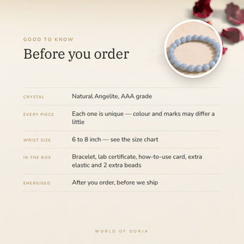 Angelite bracelet – before you order: size, what is in the box, energised after order