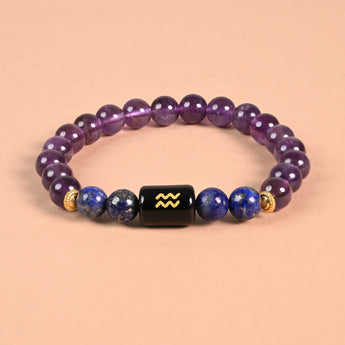 Aquarius zodiac bracelet with Aquarius glyph engraved onyx bead