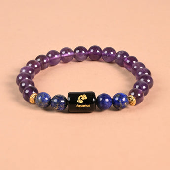 Aquarius zodiac bracelet Amethyst and Lapis Lazuli with engraved Aquarius name bead