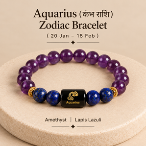 Aquarius zodiac rashi bracelet in Amethyst and Lapis Lazuli with engraved Aquarius onyx bead