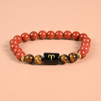 Aries zodiac bracelet with Aries glyph engraved onyx bead, Red Jasper and Tiger's Eye