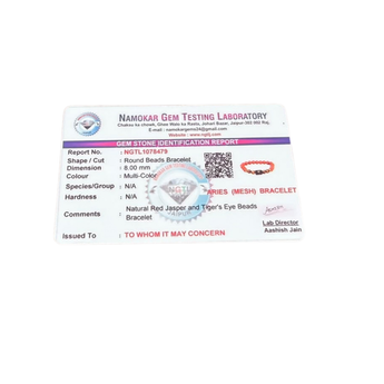 Aries zodiac bracelet lab certificate – Namokar Gem Testing Laboratory report for natural Red Jasper and Tiger's Eye