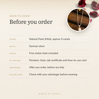Pearl (Moti) Pendant – good to know before you order: what is in the box, energised after order