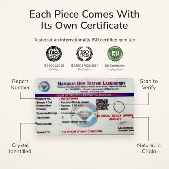 Black Spinel Anklet lab certificate – tested at an ISO certified gem lab
