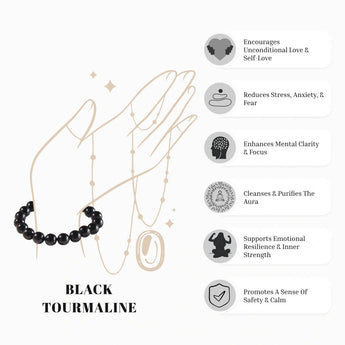 Black Tourmaline bracelet close-up showing natural black striated crystal beads - certified authentic