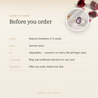 Amethyst Ring – good to know before you order: what is in the box, energised after order
