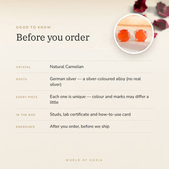 Carnelian Studs – good to know before you order: what is in the box, energised after order