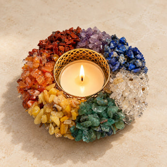 7 Chakra tea light holder with Red Jasper, Carnelian, Yellow Aventurine, Green Aventurine, Lapis, Amethyst and Clear Quartz chips