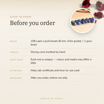 Lapis Lazuli Mala – good to know before you order: what is in the box, energised after order