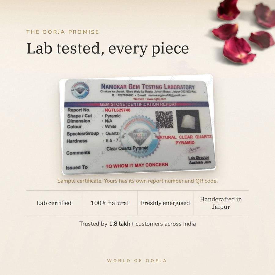 Clear Quartz Pyramid (Sphatik) – Clarity & Amplification lab certificate – World of Oorja