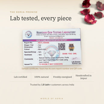 Dhan Yog Owl lab certificate with QR code – The Oorja promise