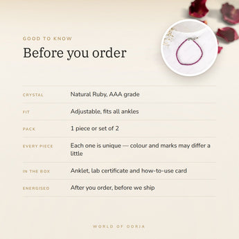 Ruby Anklet – good to know before you order: what is in the box, energised after order