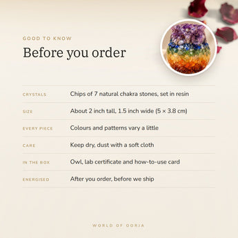 7 Chakra Owl – before you order: crystals, size, what is in the box, energised after order