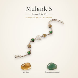 Mulank 5 Mercury Charm Bracelet – Citrine & Green Aventurine – Mulank 5 Mercury charm bracelet on a plain background