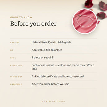 Rose Quartz Anklet – good to know before you order: what is in the box, energised after order