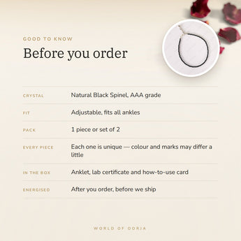 Black Spinel Anklet – good to know before you order: what is in the box, energised after order